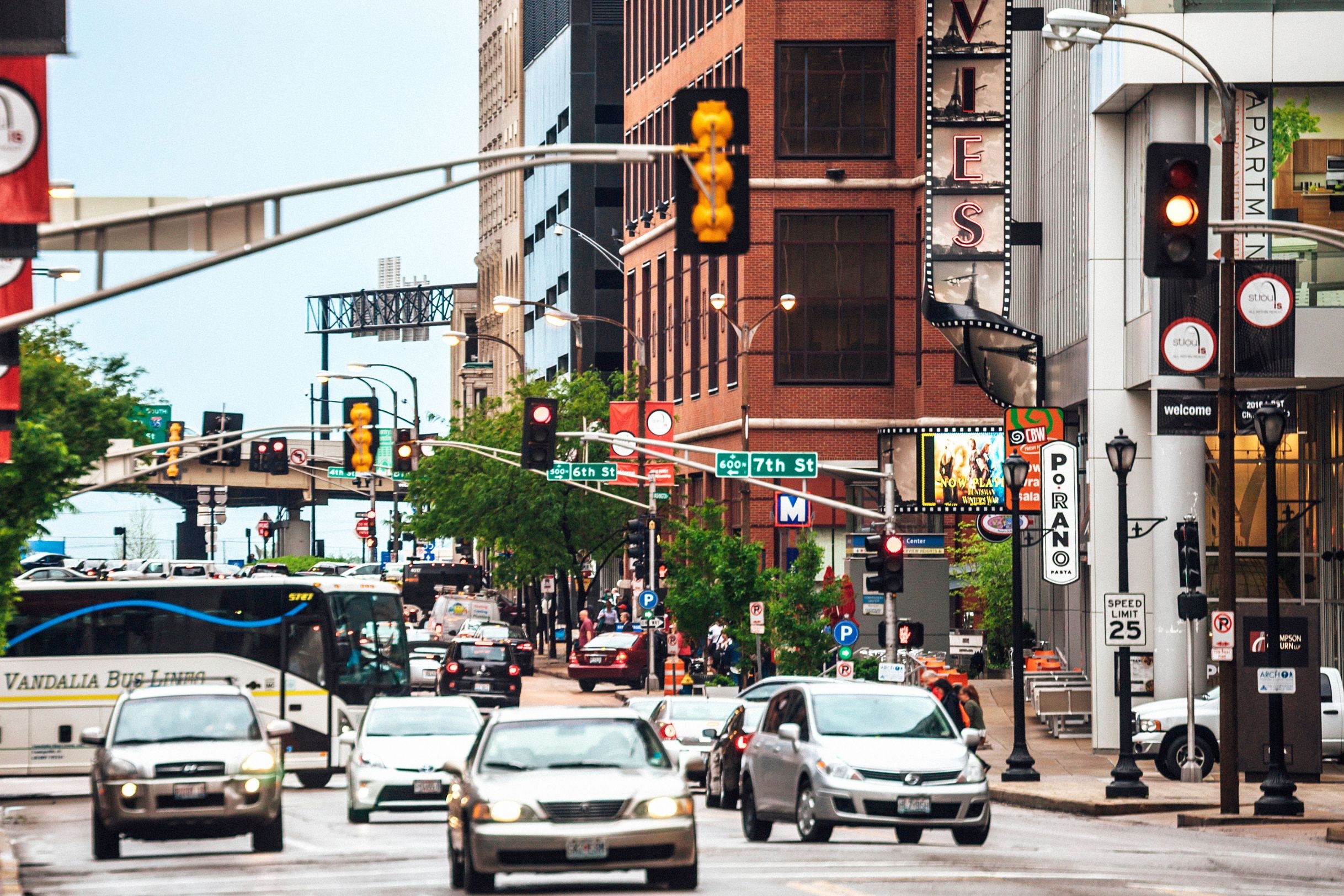 STL TIcket Lawyer Header - 2 Downtown St. Louis traffic near the Gateway Arch – representing common areas for speeding and traffic tickets